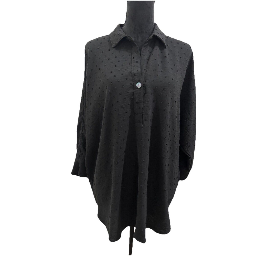 Ivy Jane Womens Sz L  Top Black Clip Dot Popover 1 Button Front Collar